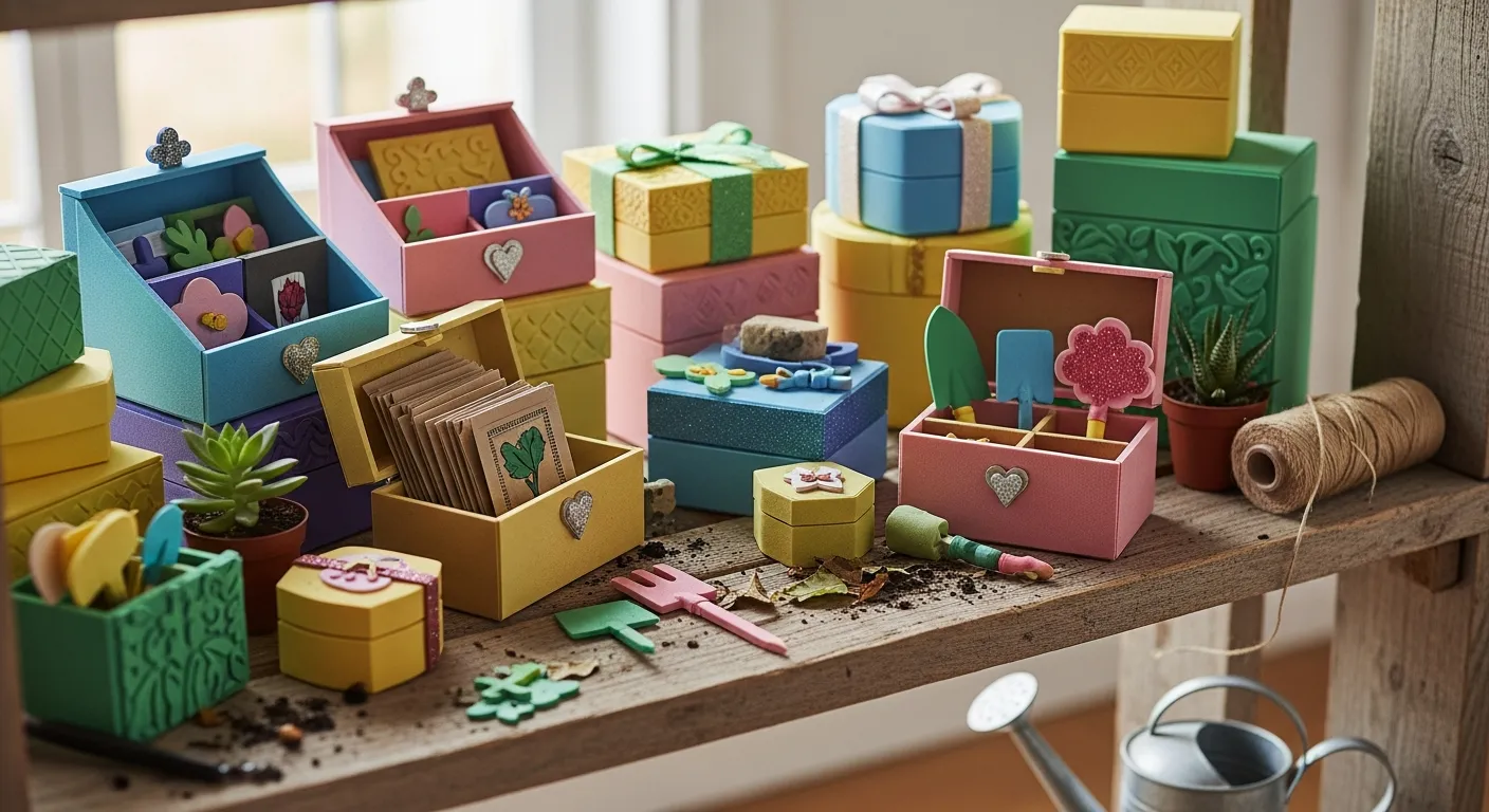 Caixas de presente e organizadores feitos de EVA em uma prateleira rústica.