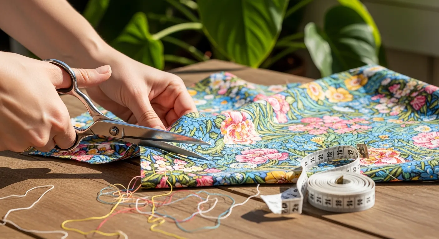 Mãos cortando tecido tricoline floral com tesoura profissional em uma mesa de trabalho.