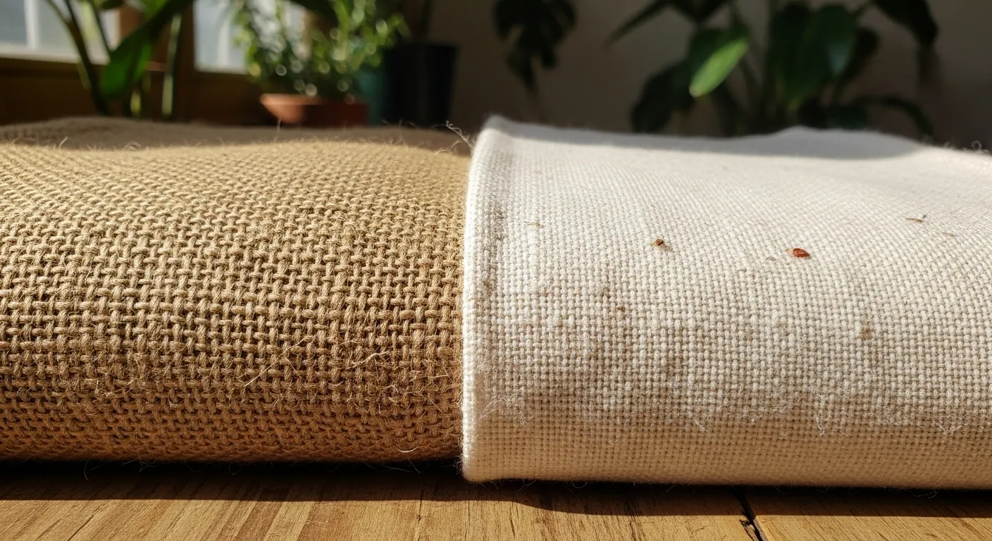 Detalhe da textura de tecido de juta e algodão cru lado a lado.