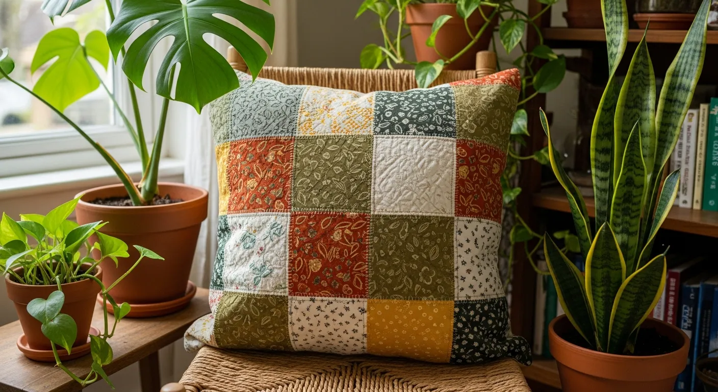 Almofada de patchwork artesanal em uma cadeira de vime decorando um ambiente com plantas.
