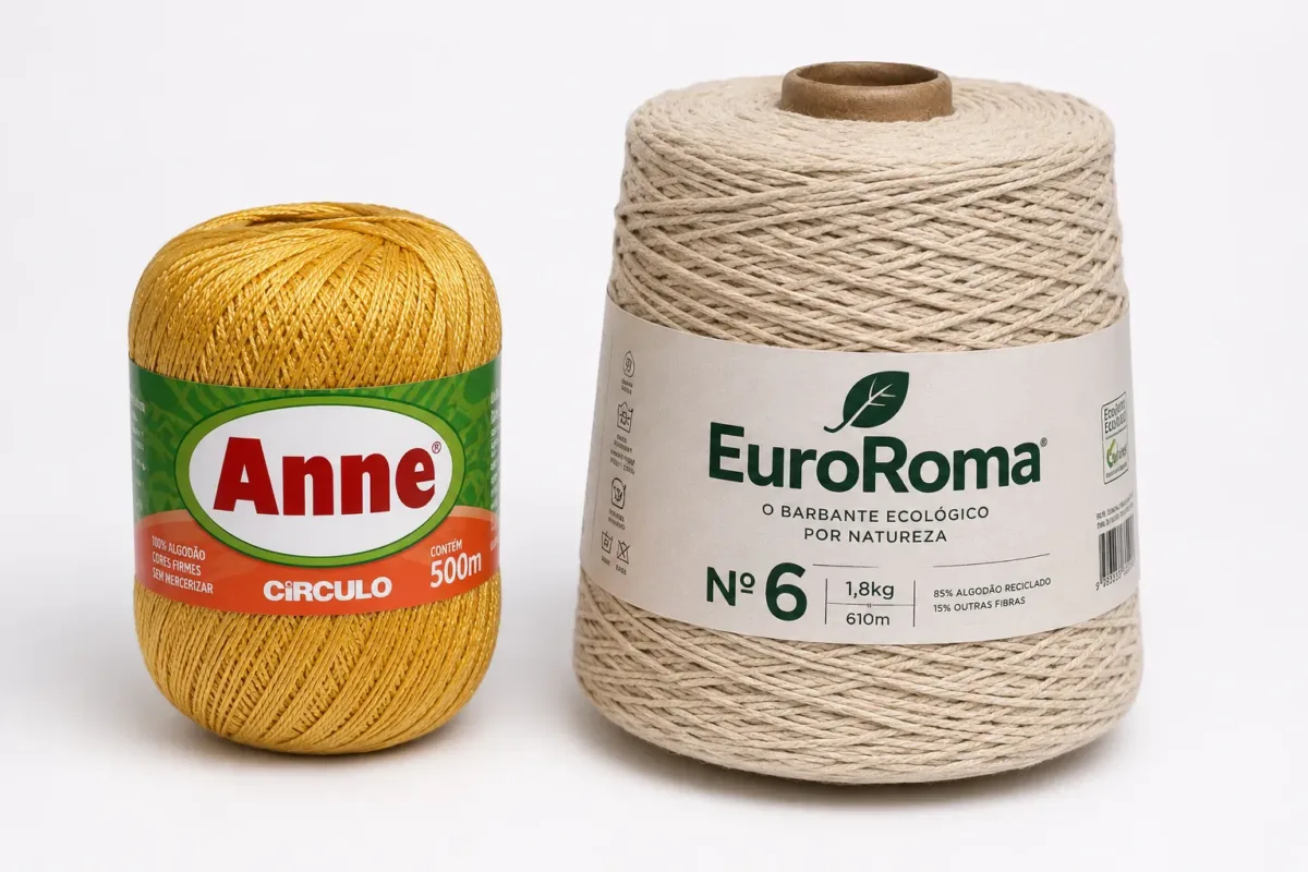 novelo de linha Anne à esquerda (brilhante, fino) e cone de barbante Euroroma nº 6 à direita