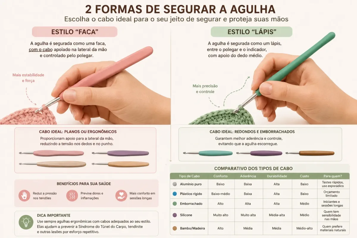 ilustração dividida mostrando as duas formas de segurar a agulha