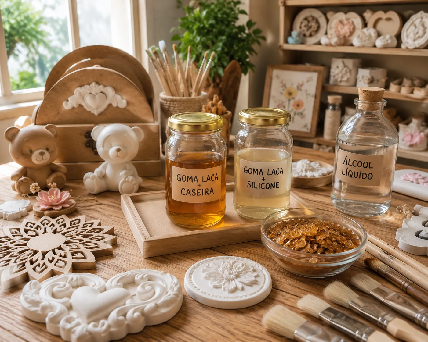 Bancada de artesanato organizada com peças em MDF, gesso e biscuit, potes de goma laca caseira