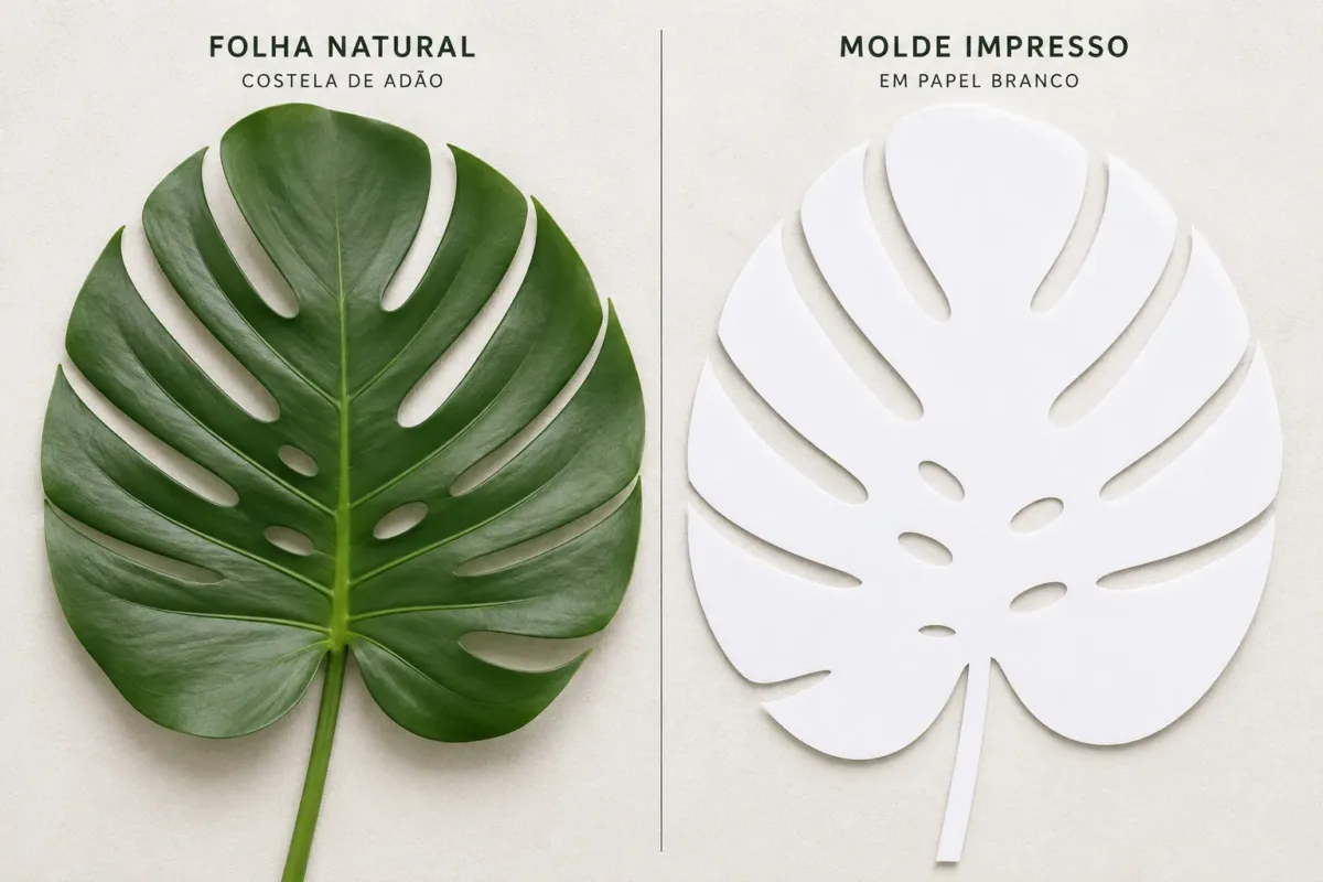 Comparação lado a lado mostrando folha natural Costela de Adão real e molde impresso