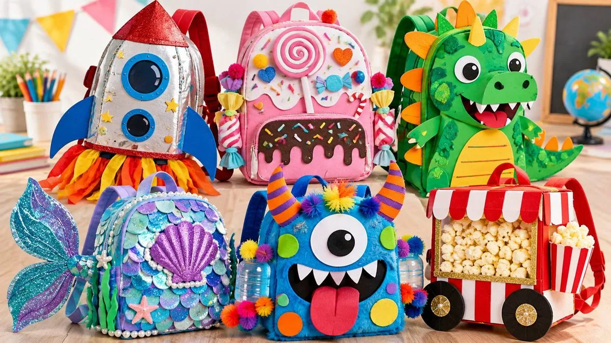 Ideias de mochila maluca criativa para escola com modelos de foguete, doces, dinossauro, sereia, monstro e pipoca