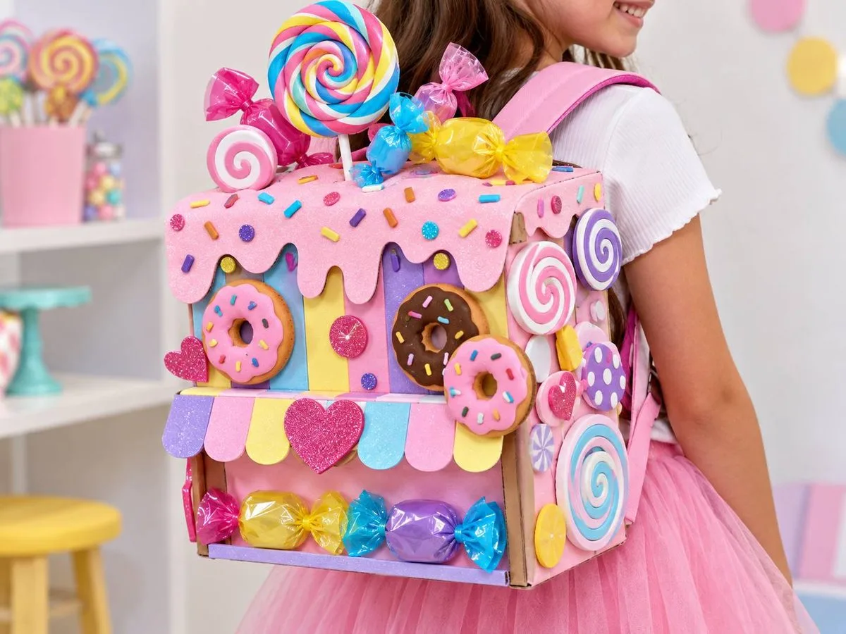 Mochila maluca de doces feita com papelão, EVA e enfeites coloridos