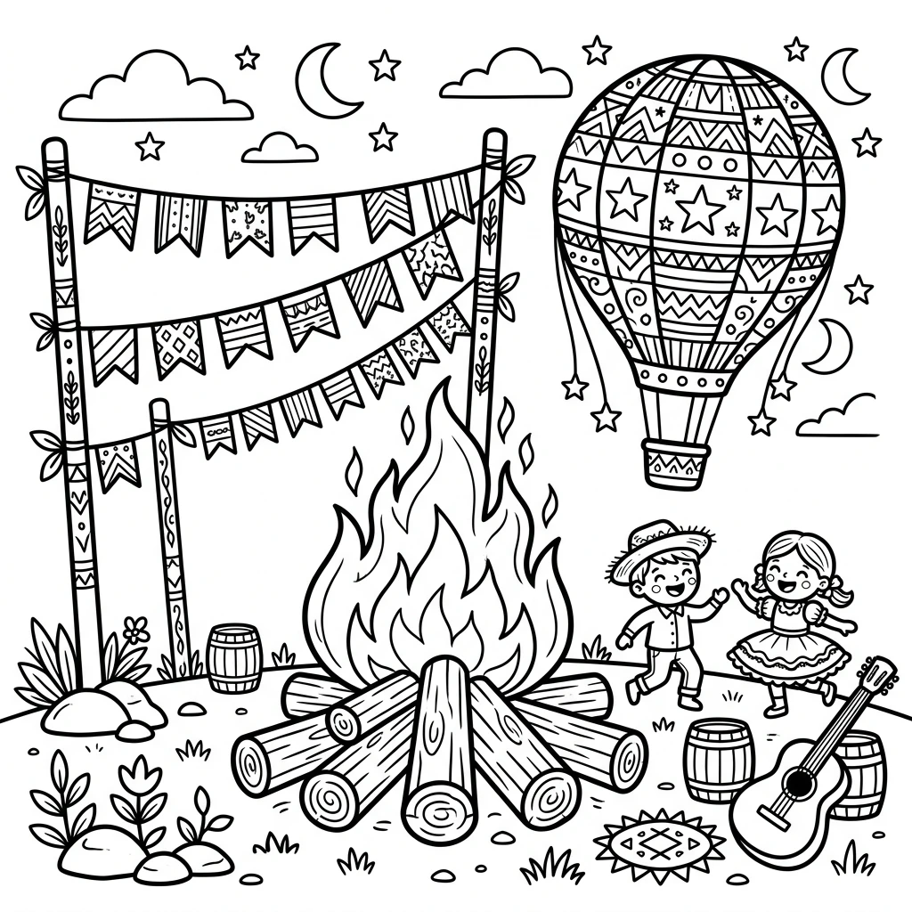 Desenho de fogueira com balão e bandeirinhas juninas