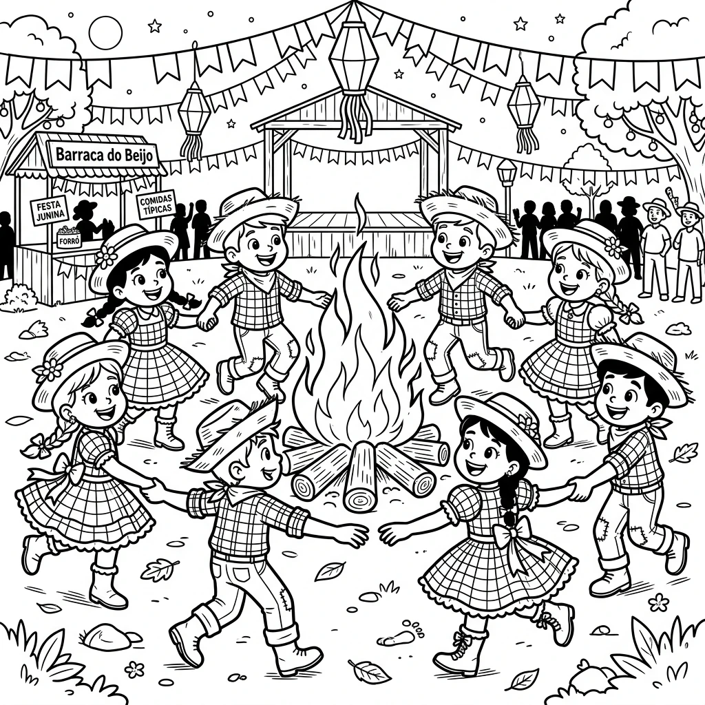 Desenho de fogueira com crianças dançando festa junina