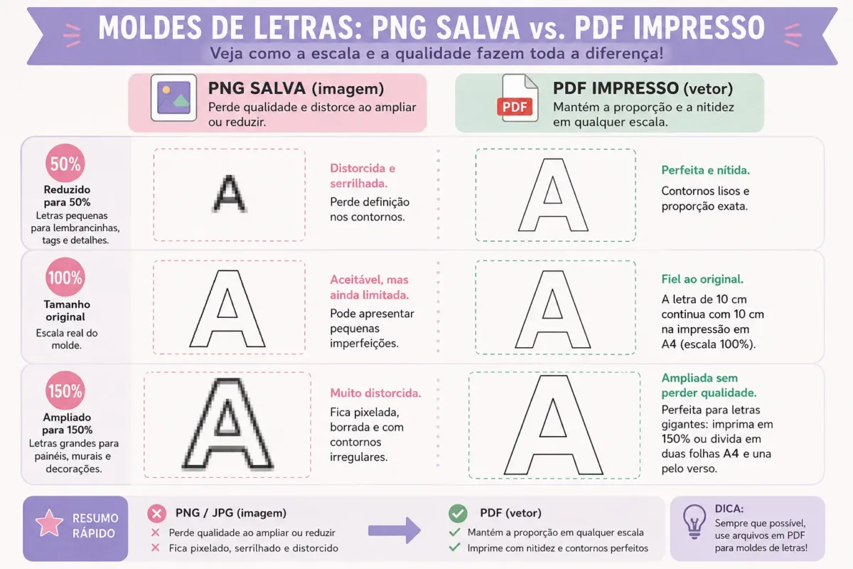Comparação entre moldes de letras PNG e PDF para impressão