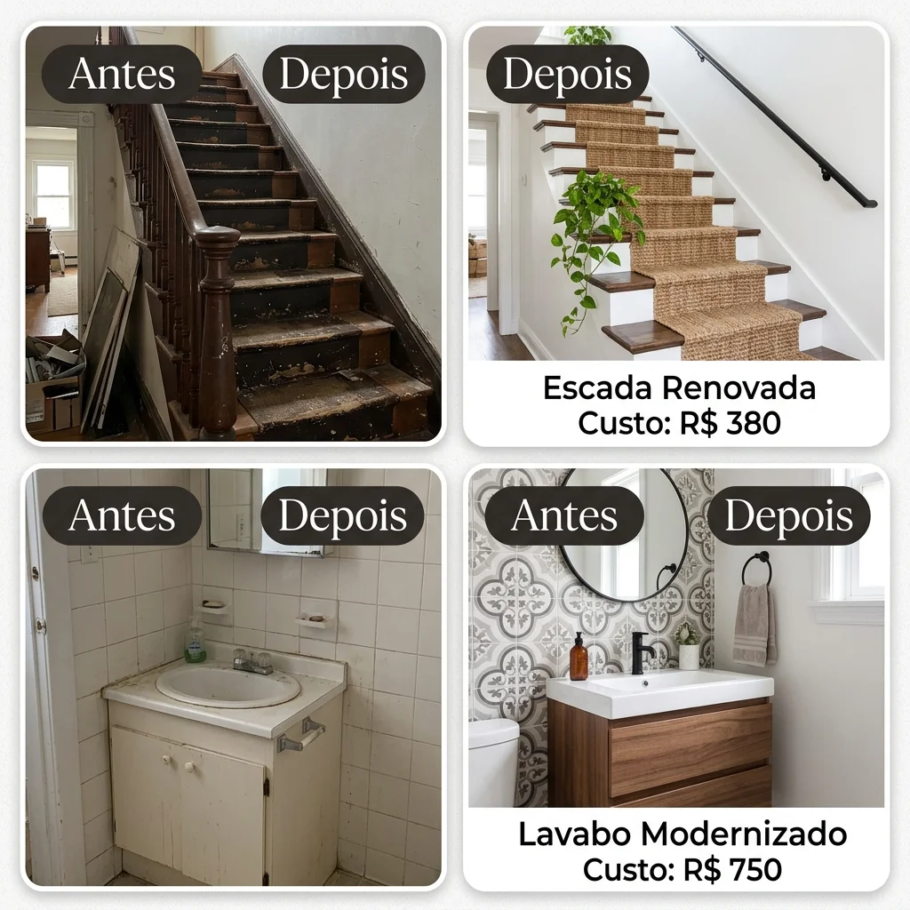 Grade 2x2 de antes e depois de reformas DIY com custos estimados em reais visíveis na imagem