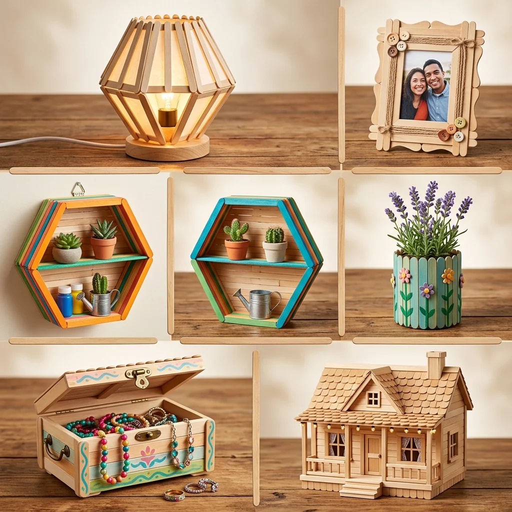 Colagem com 6 projetos finalizados de artesanato com palito de picolé: luminária, porta-retrato, nicho, vaso, porta-joias e casinha