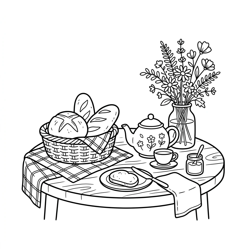Desenho de mesa de café e bule de chá estilo Bobbie Goods para colorir