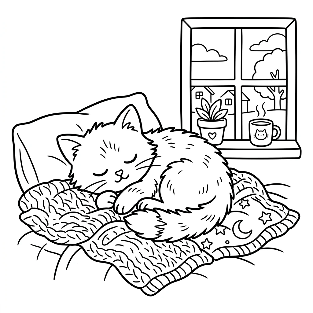 Desenho de gatinho dormindo estilo Bobbie Goods para colorir