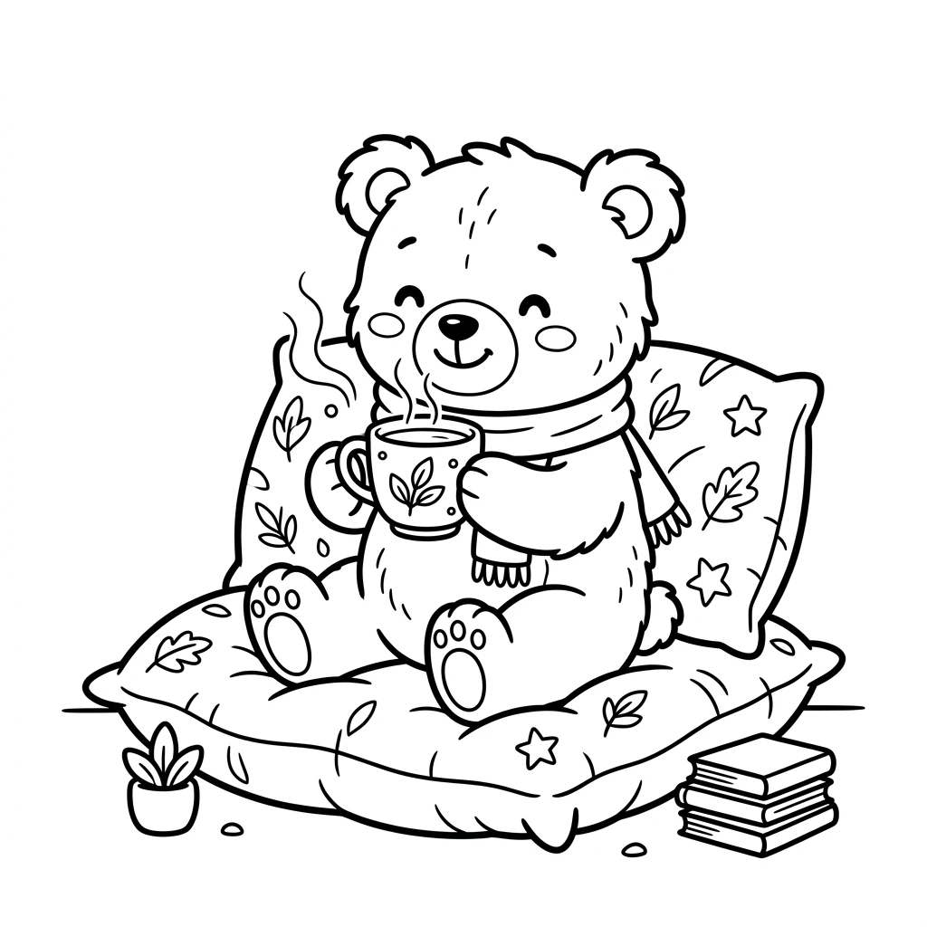 Desenho de ursinho com xícara estilo Bobbie Goods para colorir
