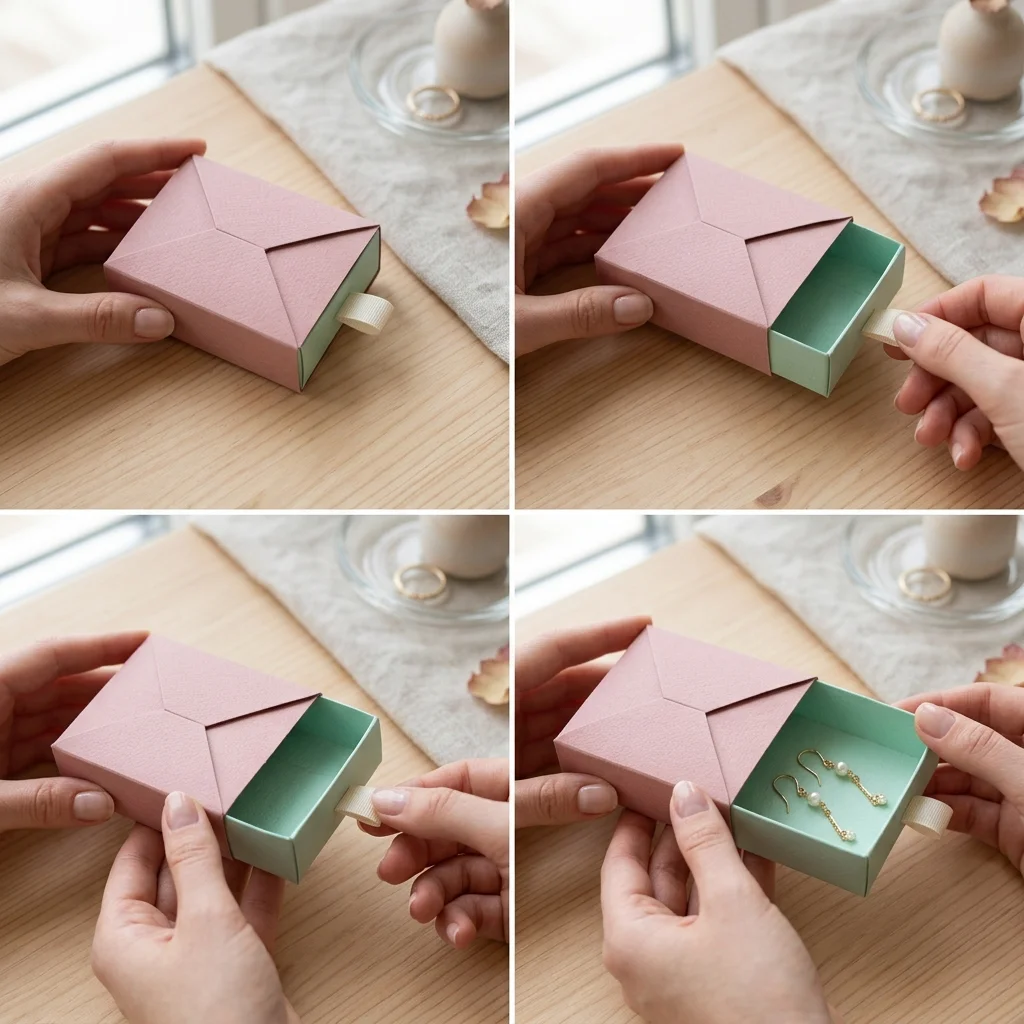 Gaveta deslizante de origami sendo puxada para fora da capa contendo par de brincos dentro
