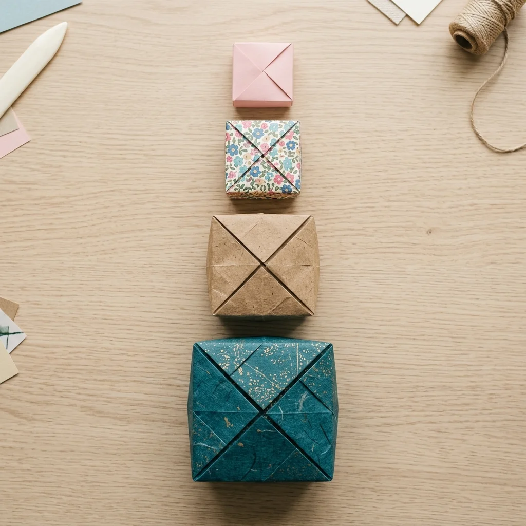 Quatro modelos de caixas de origami finalizados com papéis liso, estampado e kraft sobre fundo de madeira clara