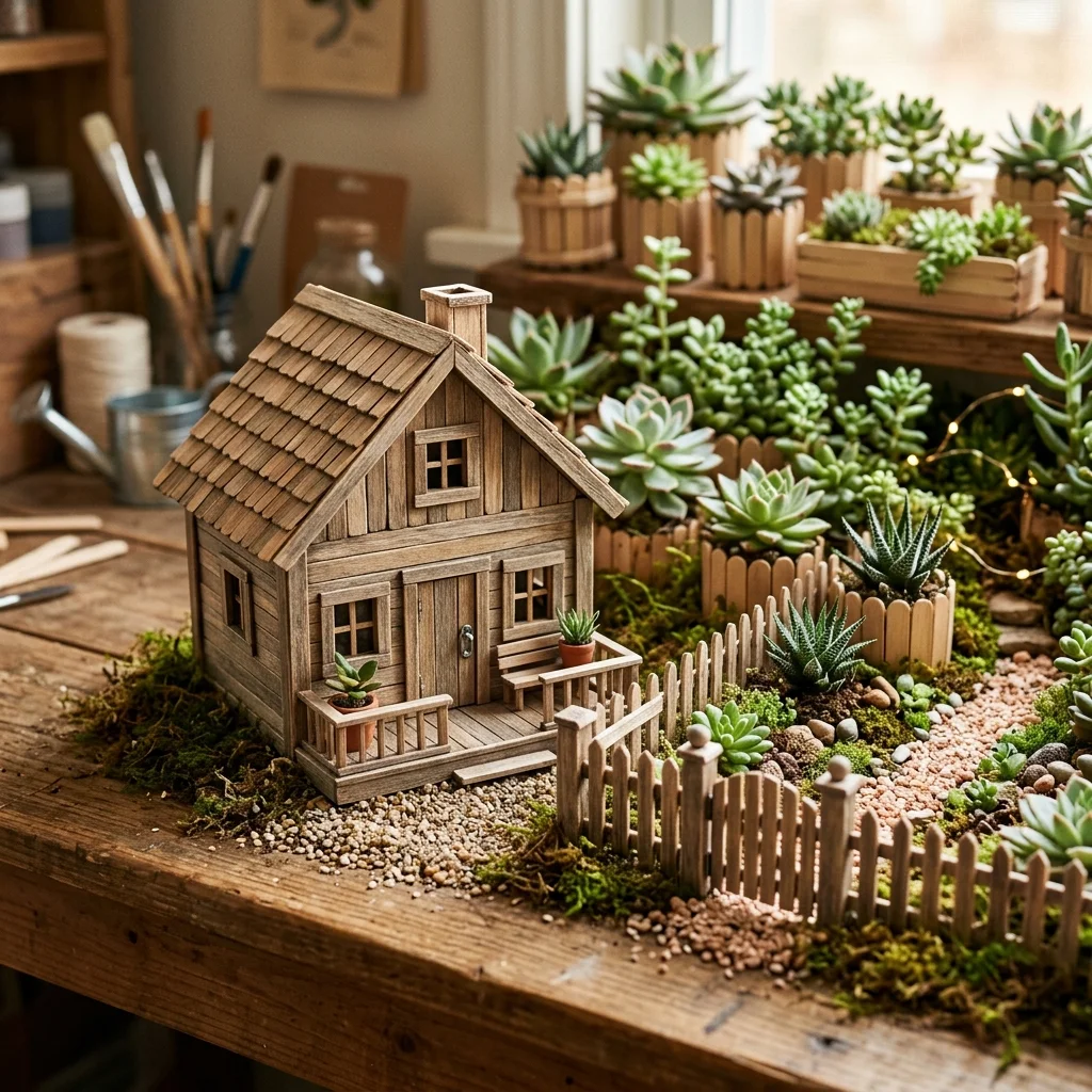 Mini casinha de palito de picolé com cercado decorativo ao lado de pequenos cachepôs de suculentas