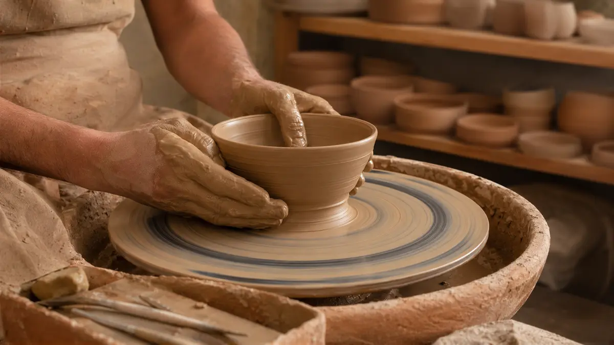 Artesão modelando uma tigela de cerâmica no torno
