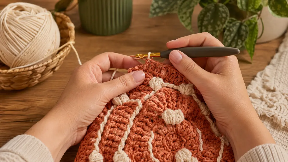 Artesã trabalhando uma peça de crochê com agulha e fio de algodão
