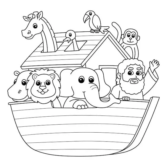 Desenho bíblico para colorir da Arca de Noé com diversos animais sorrindo e em estilo infantil, contorno preto e branco.