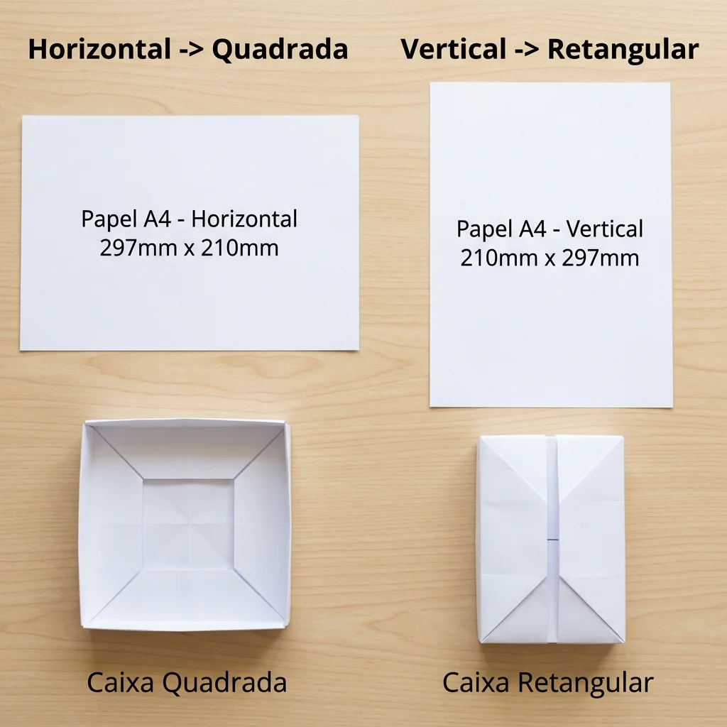 Comparativo mostrando papel A4 na horizontal gerando caixa quadrada e na vertical gerando caixa retangular