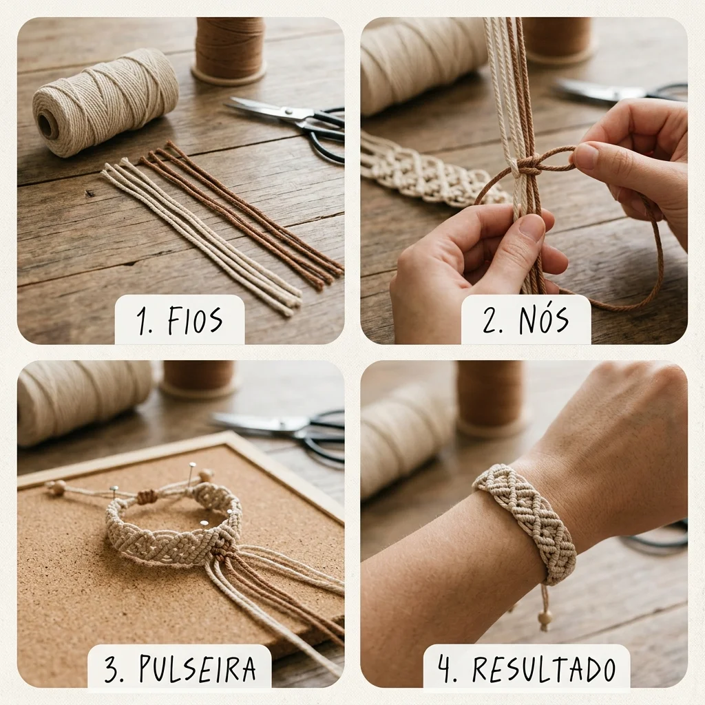 Sequência de 4 fotos mostrando a montagem de uma pulseira de macramê: fios, nós e resultado final