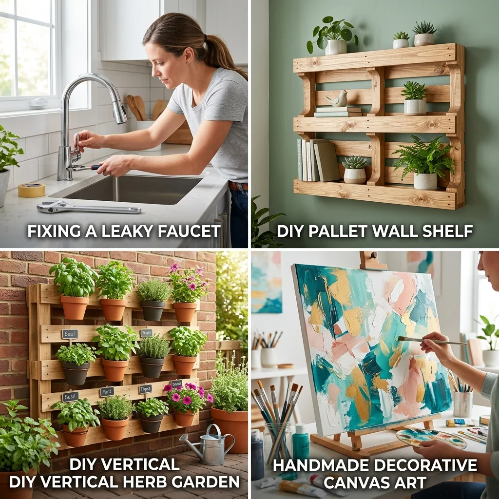 Colagem com 4 projetos de bricolagem: torneira, prateleira de palete, jardim vertical e quadro decorativo