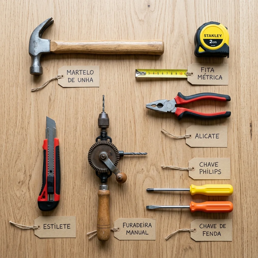 Kit de ferramentas básicas de bricolagem com martelo, chaves de fenda, alicate, trena e furadeira manual com legendas