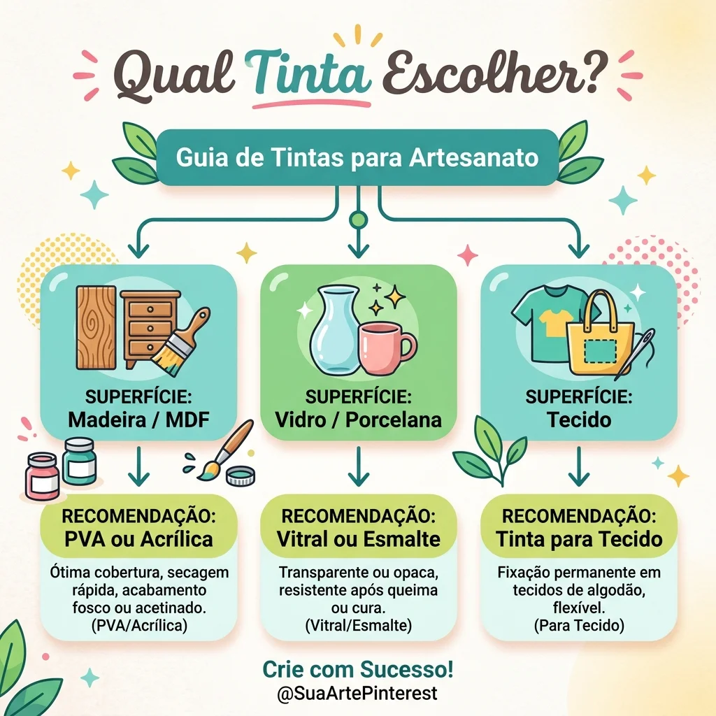 Infográfico/fluxograma mostrando qual tinta utilizar para MDF, vidro e tecidos
