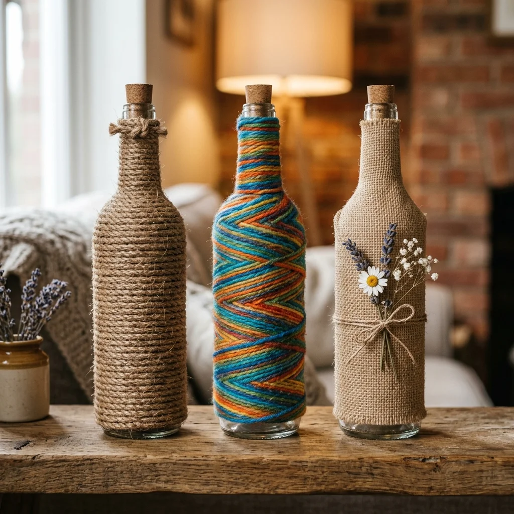 Garrafas de vidro decoradas com barbante, sisal e juta