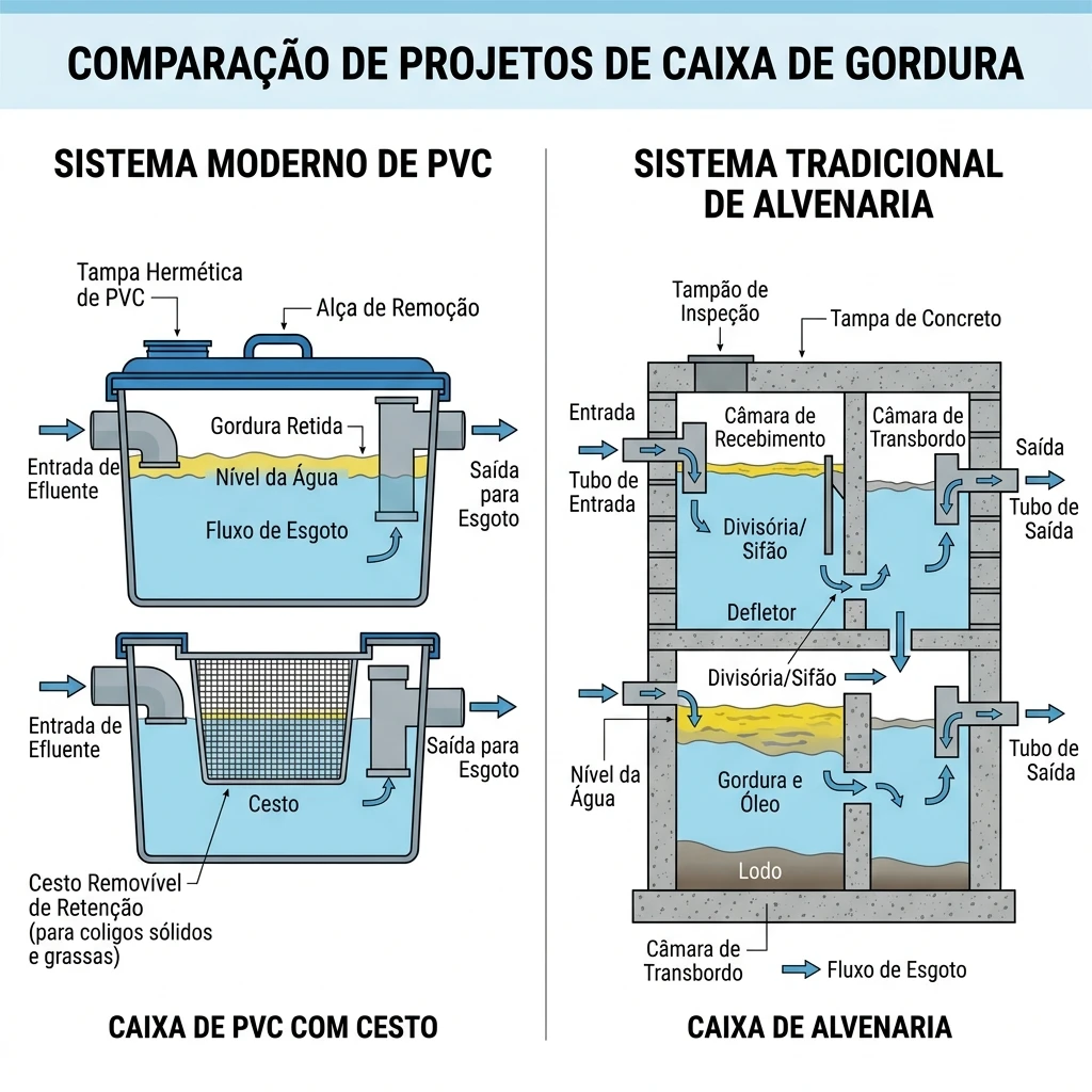 Diagrama de anatomia de caixa de gordura em PVC e alvenaria