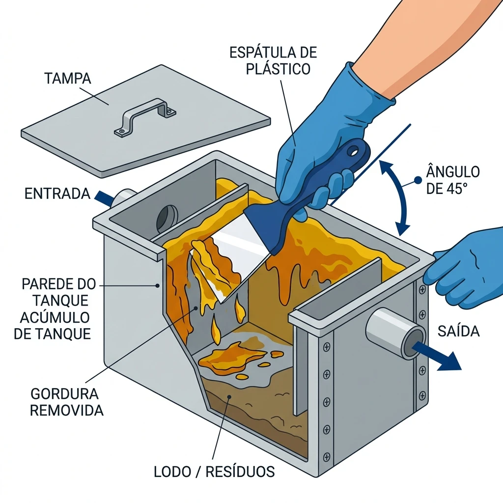 Ilustração do ângulo correto de 45 graus para raspar caixa de gordura