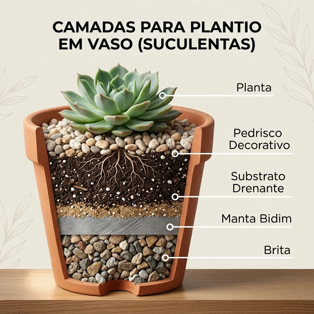 Infográfico detalhando as 5 camadas ideais para a montagem de um vaso: brita, manta, substrato, planta e pedrisco