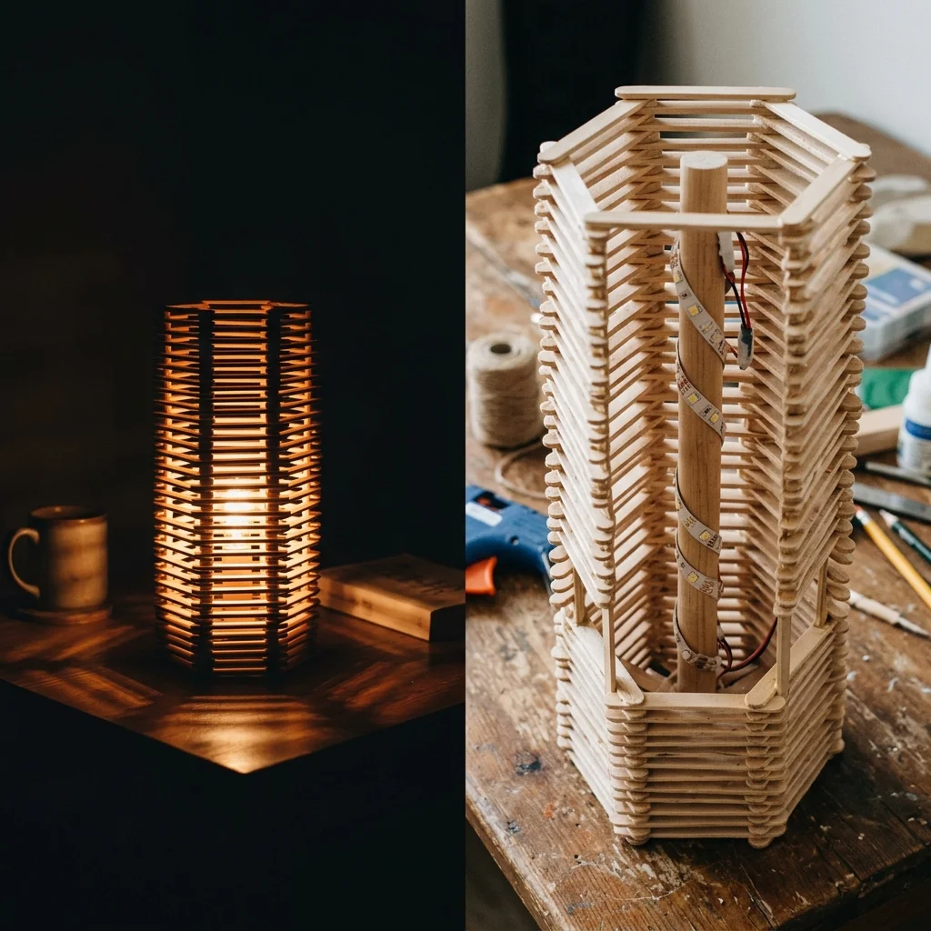 Luminária de mesa feita de palitos acesa mostrando luz filtrada e outra imagem com detalhe da fita LED interna