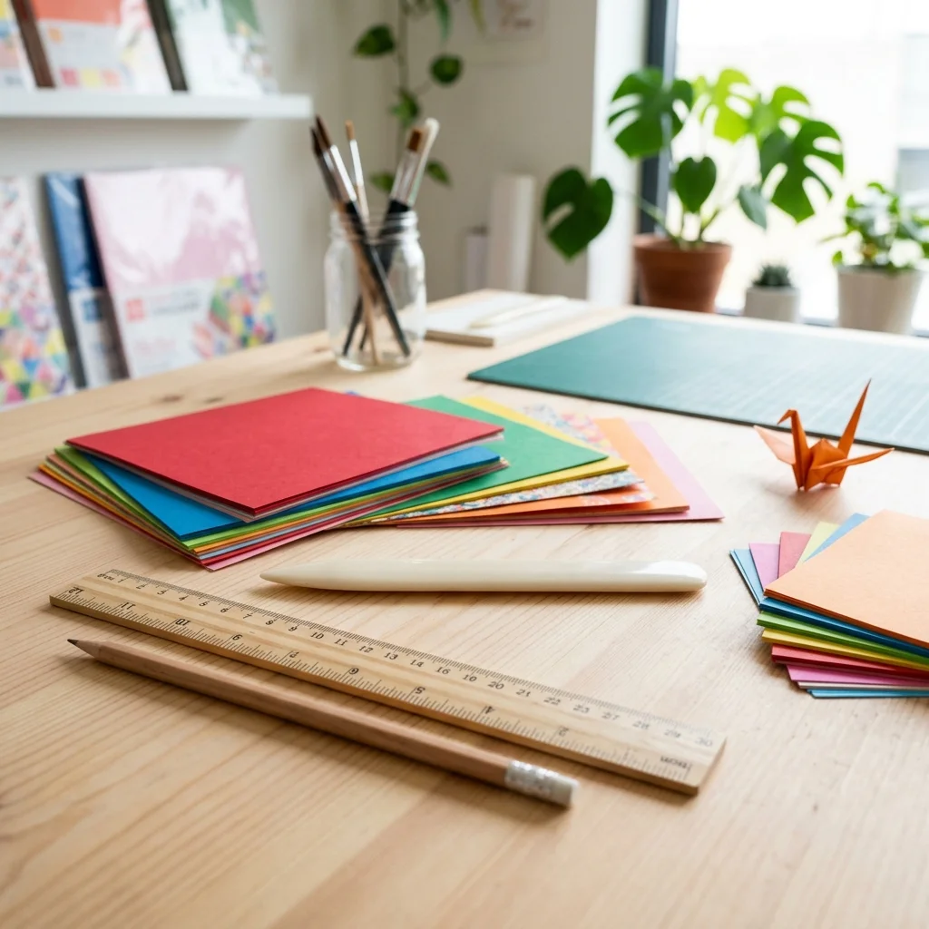 Papel colorido de origami kami, régua, lápis e dobrador de osso dispostos sobre mesa de trabalho