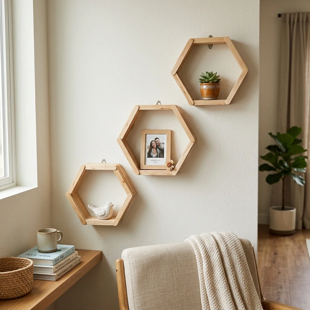 Três nichos hexagonais colmeia feitos de palito de picolé fixados na parede contendo plantas e objetos decorativos