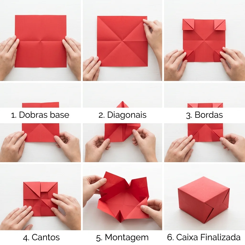 Sequência de 6 etapas de dobradura da caixa Masu Box do papel quadrado até o encaixe com tampa
