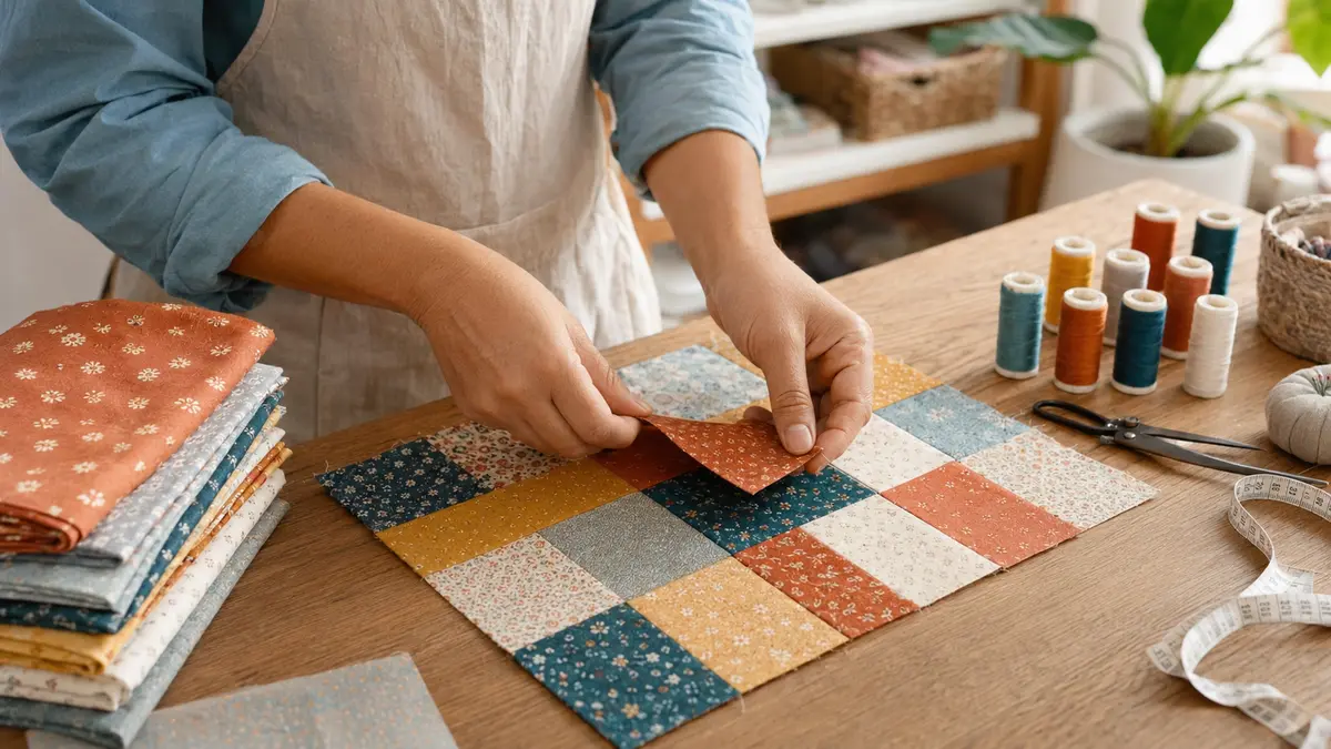 Artesã organizando retalhos para criar um trabalho em patchwork