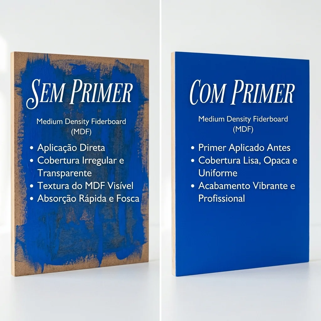 Comparação lado a lado de tinta acrílica aplicada em MDF sem primer versus com primer preparador