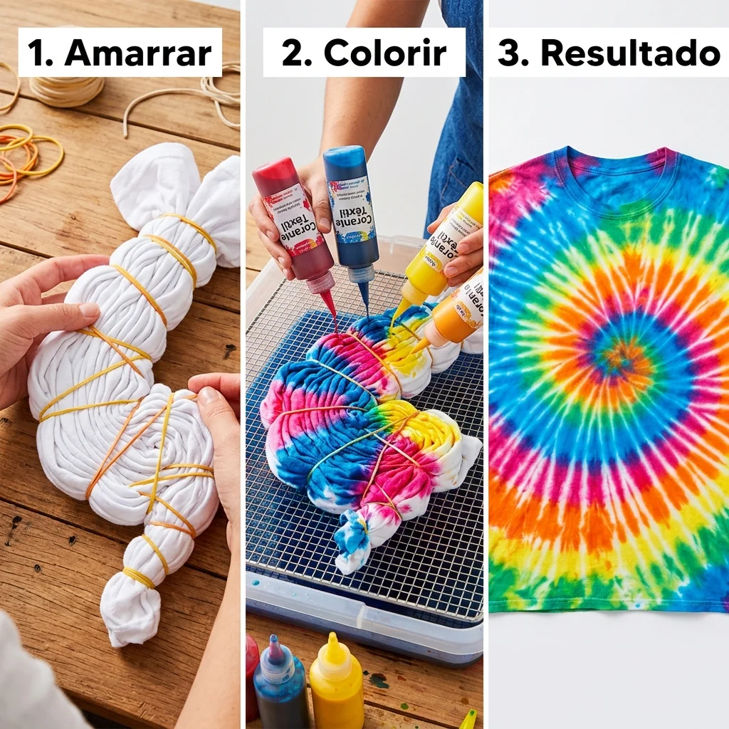 Três etapas do processo tie dye: camiseta amarrada, aplicação de corante e resultado da estampa espiral