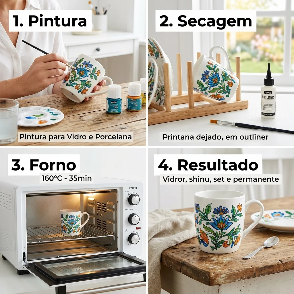 Etapas de pintura em caneca de vidro, secagem natural, queima no forno doméstico e resultado final
