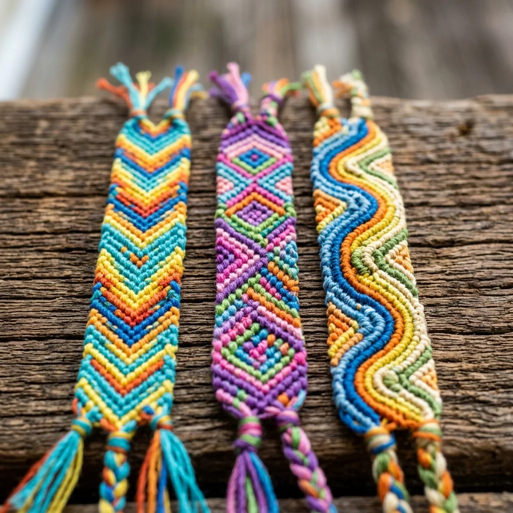 Três pulseiras artesanais de macramê em fios coloridos e padrões de nós diferentes lado a lado em uma mesa