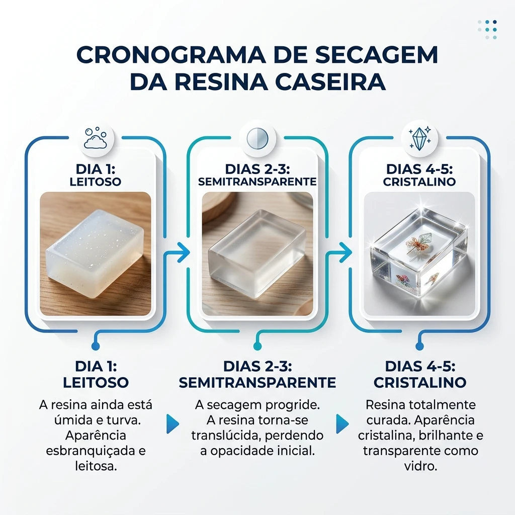 Infográfico da evolução de secagem da resina caseira