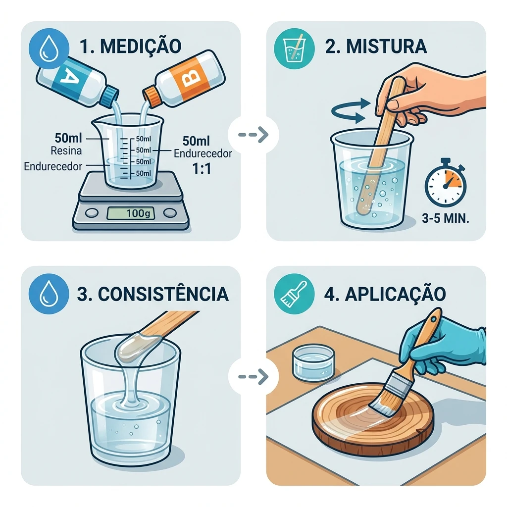 Sequência de passos: medição, mistura e aplicação da resina