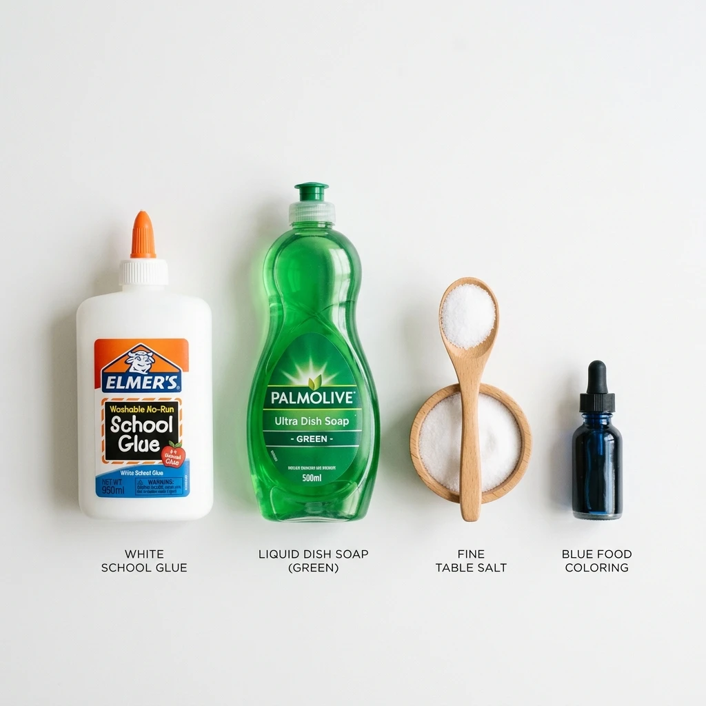 ingredientes para fazer slime com detergente e sal medidos e prontos