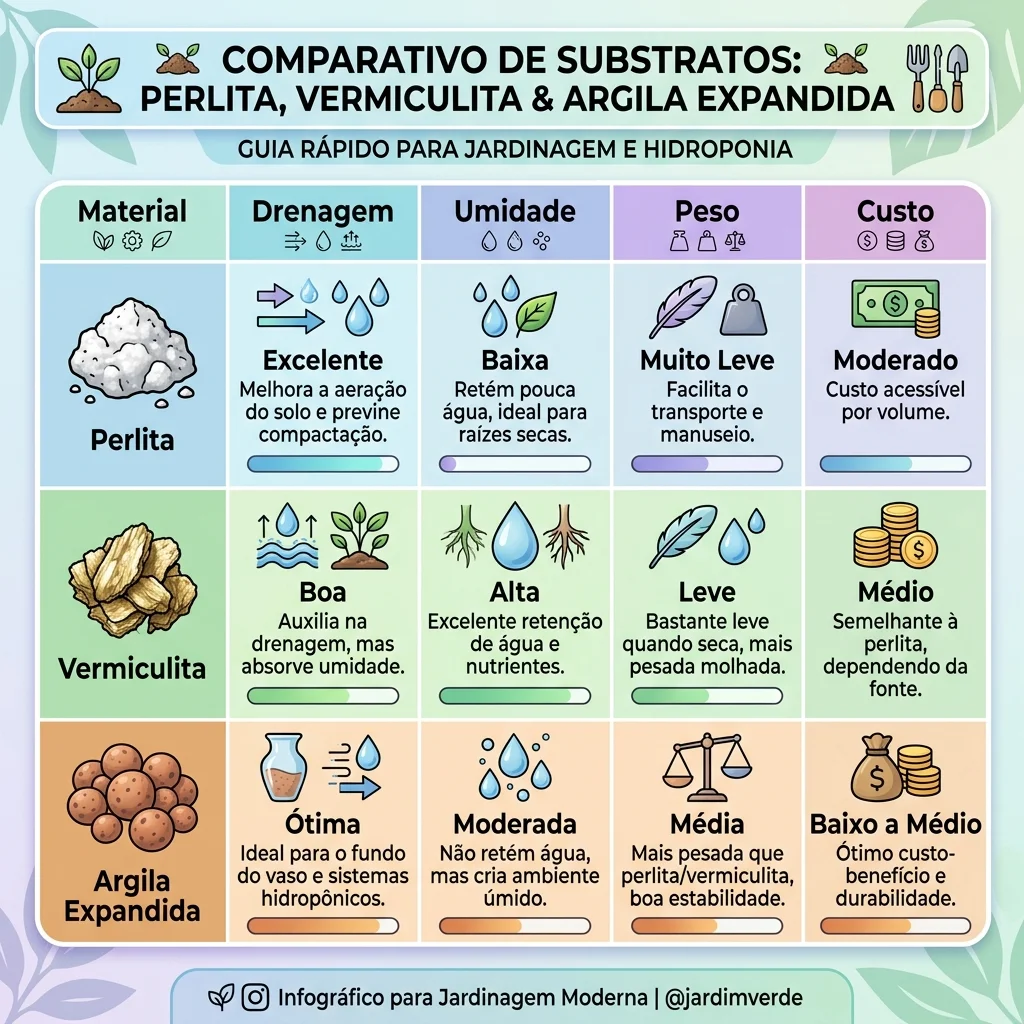 Tabela comparativa de materiais de drenagem e retenção de umidade com notas de custo e peso