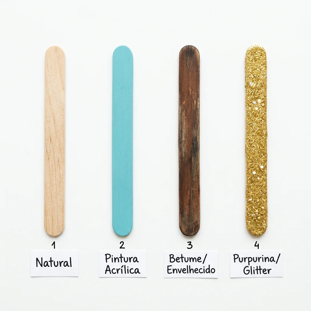 Quatro palitos mostrando técnicas de acabamento lado a lado: natural, tinta acrílica, betume e glitter
