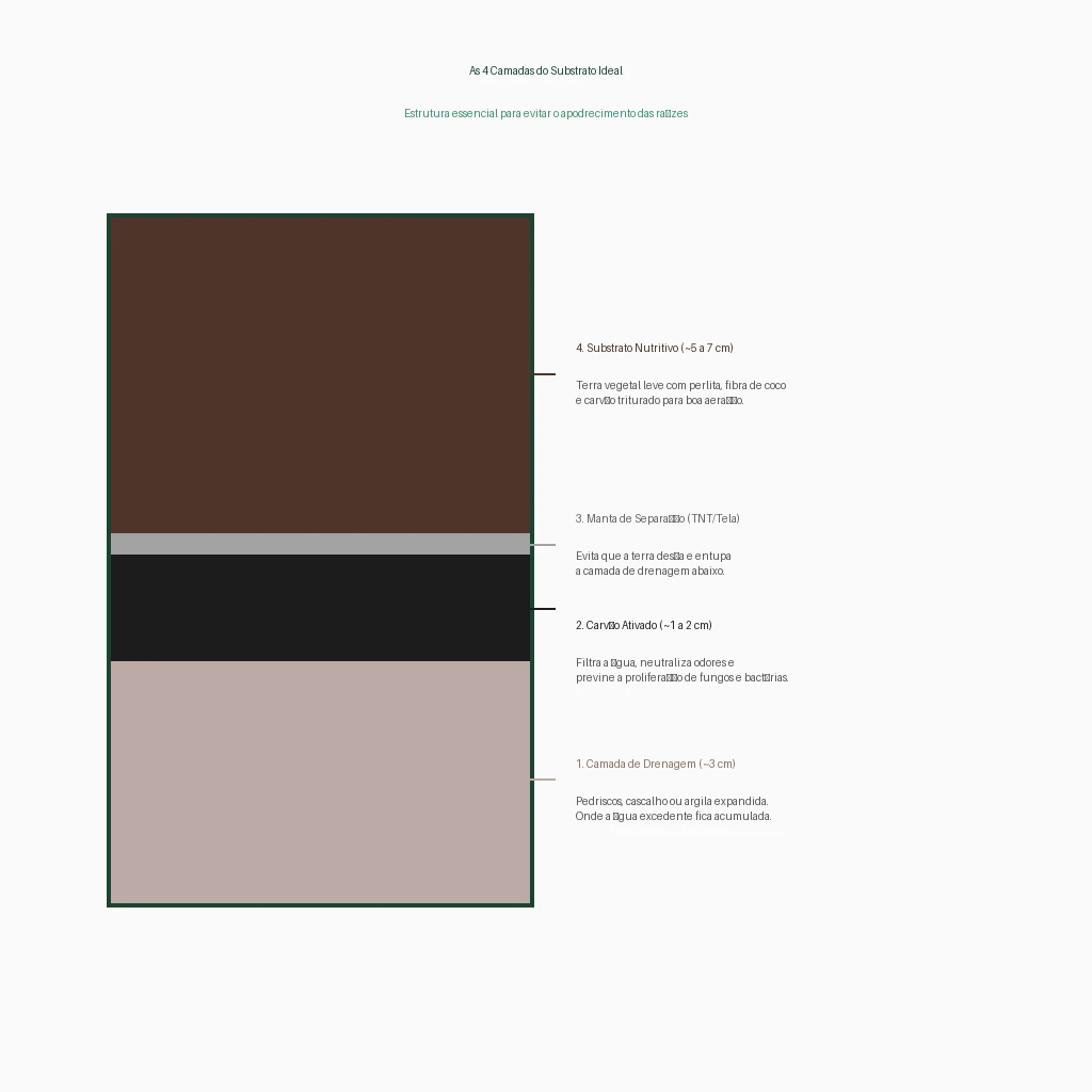 Ilustração das 4 camadas do substrato de terrário fechado