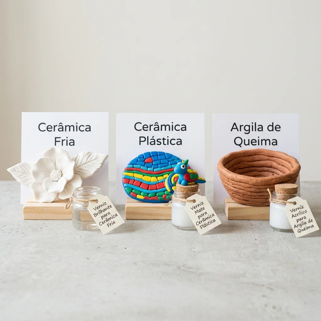 Comparação visual entre massa de secagem ao ar, cerâmica plástica e argila de queima