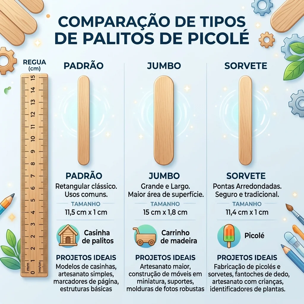 Infográfico mostrando palitos de picolé padrão, jumbo e sorvete lado a lado com régua de escala e indicação de uso